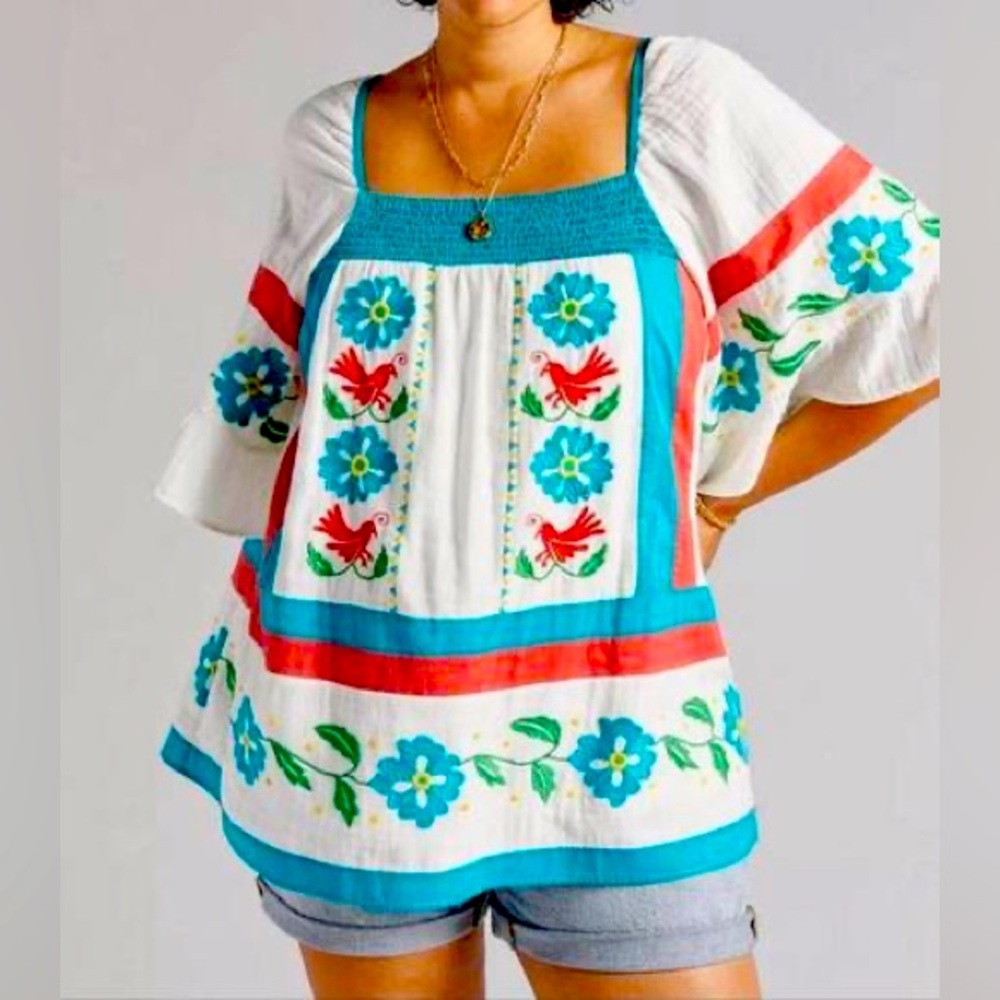 Anthropologie Seen Worn Kept Tunic Blouse Embroidered size 8 Boho Peasant